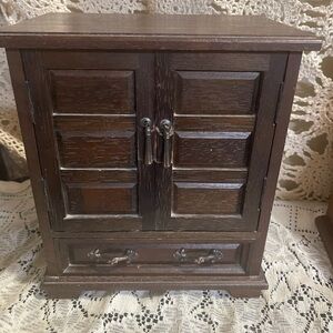 Dark Brown Vintage Wooden Jewelry Armoire with Front Drawer